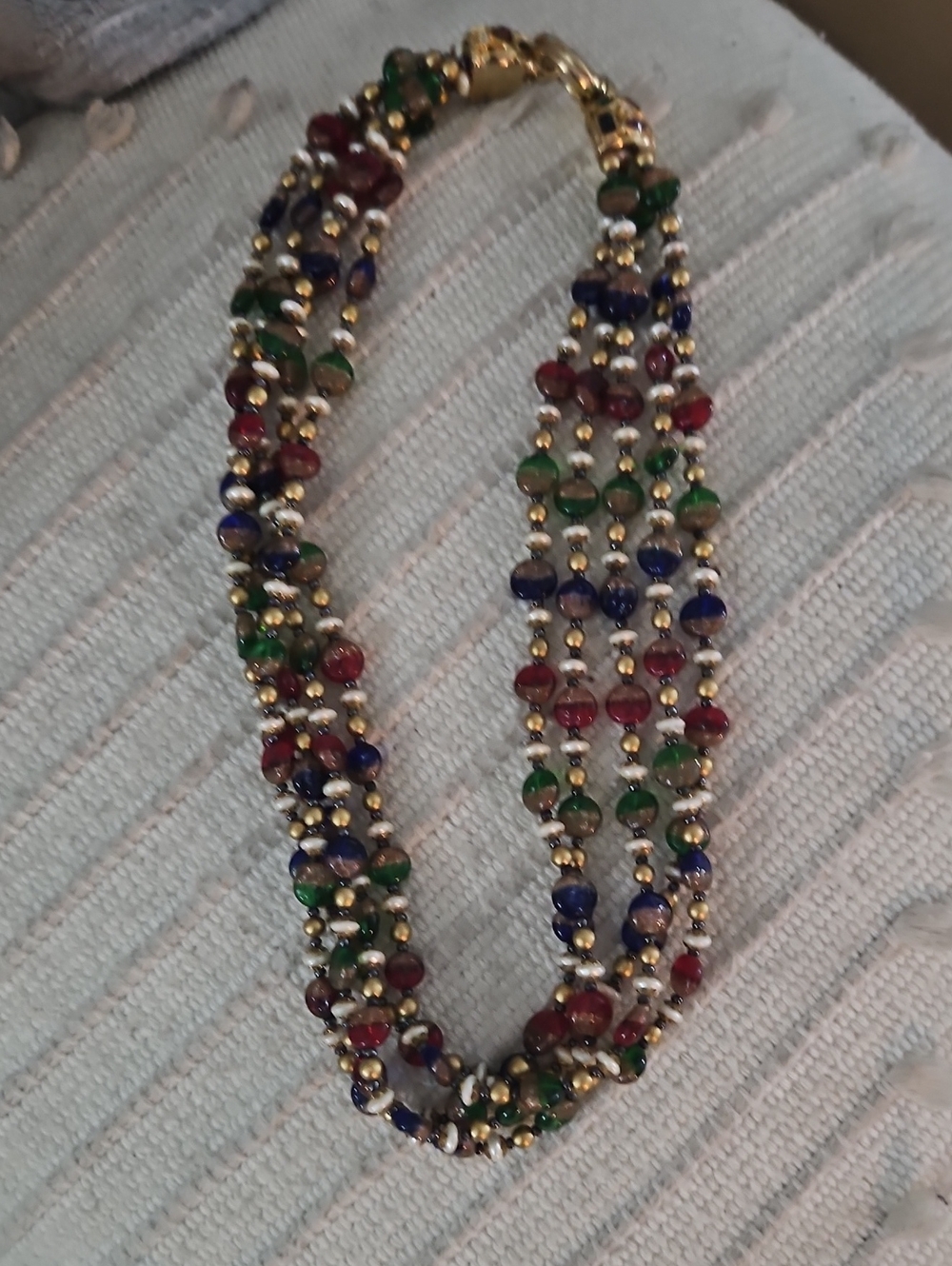 Multistrand Gold Bead Necklace with Red, Green & Blue Gem Beads